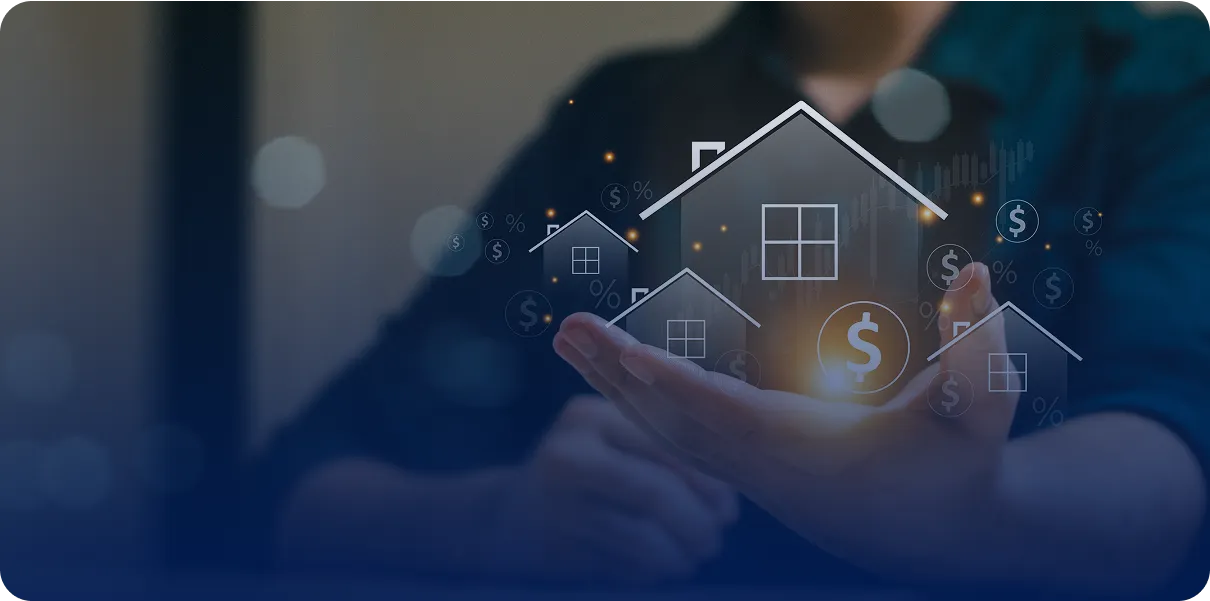 Hand holding digital house and dollar symbols.